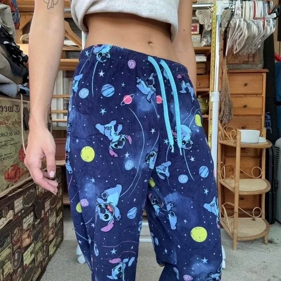 Disney Lilo & Stitch Galaxy Fleece Pajama Pants Navy Blue Star Print Lounge S - Picture 4 of 6
